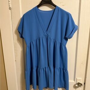 SHEIN Blue V-Neck Tiered Mini Dress